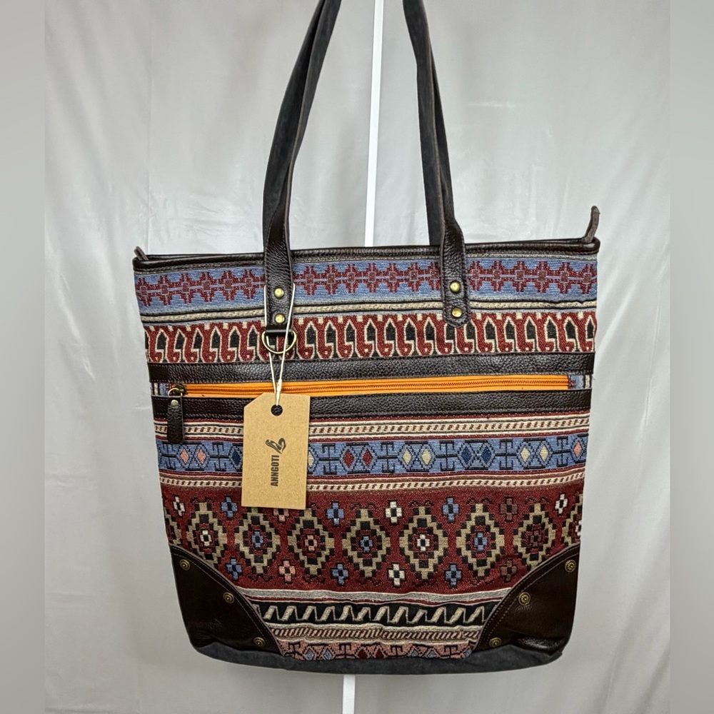 Anngoti Aztec Canvas Leather Tote Bag Western Boho Tapestry NWT